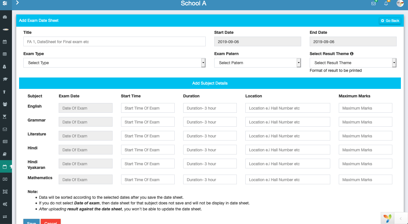 Creating an exam date sheet in Schoolites