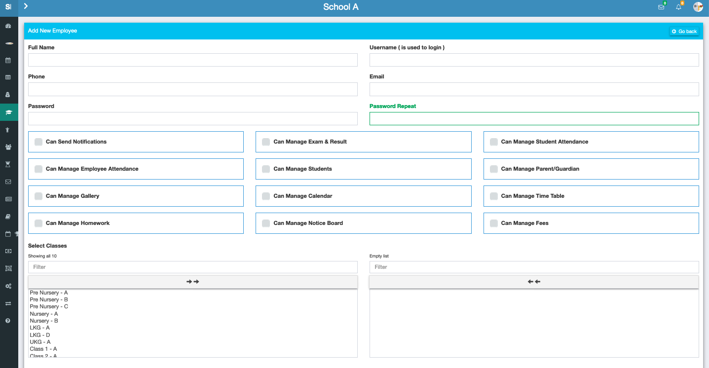 Managing employee profiles and permissions in Schoolites