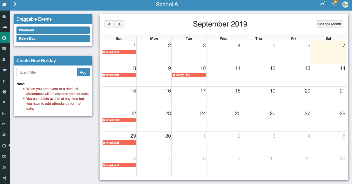 Managing school events and holidays in the calendar