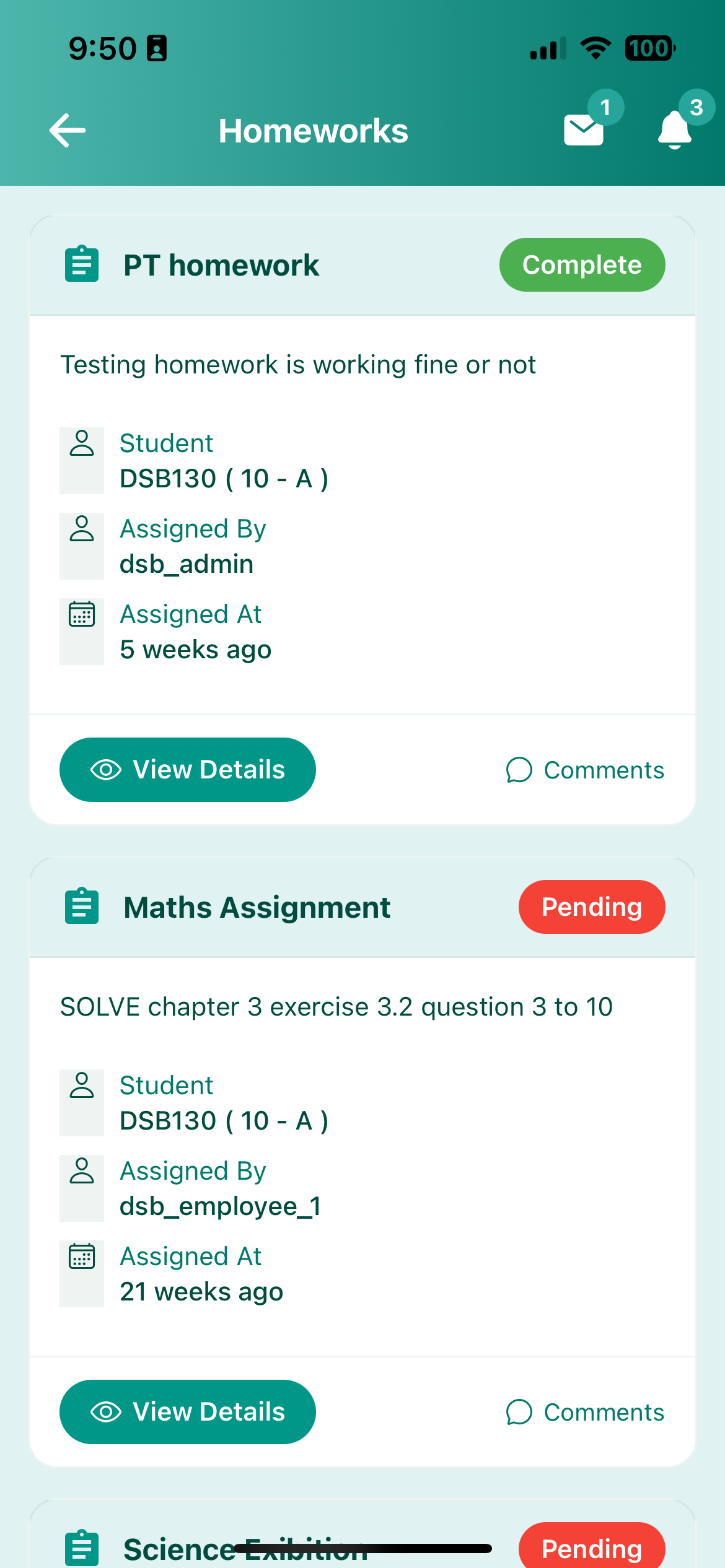 List of homework assignments in the Schoolites parent app