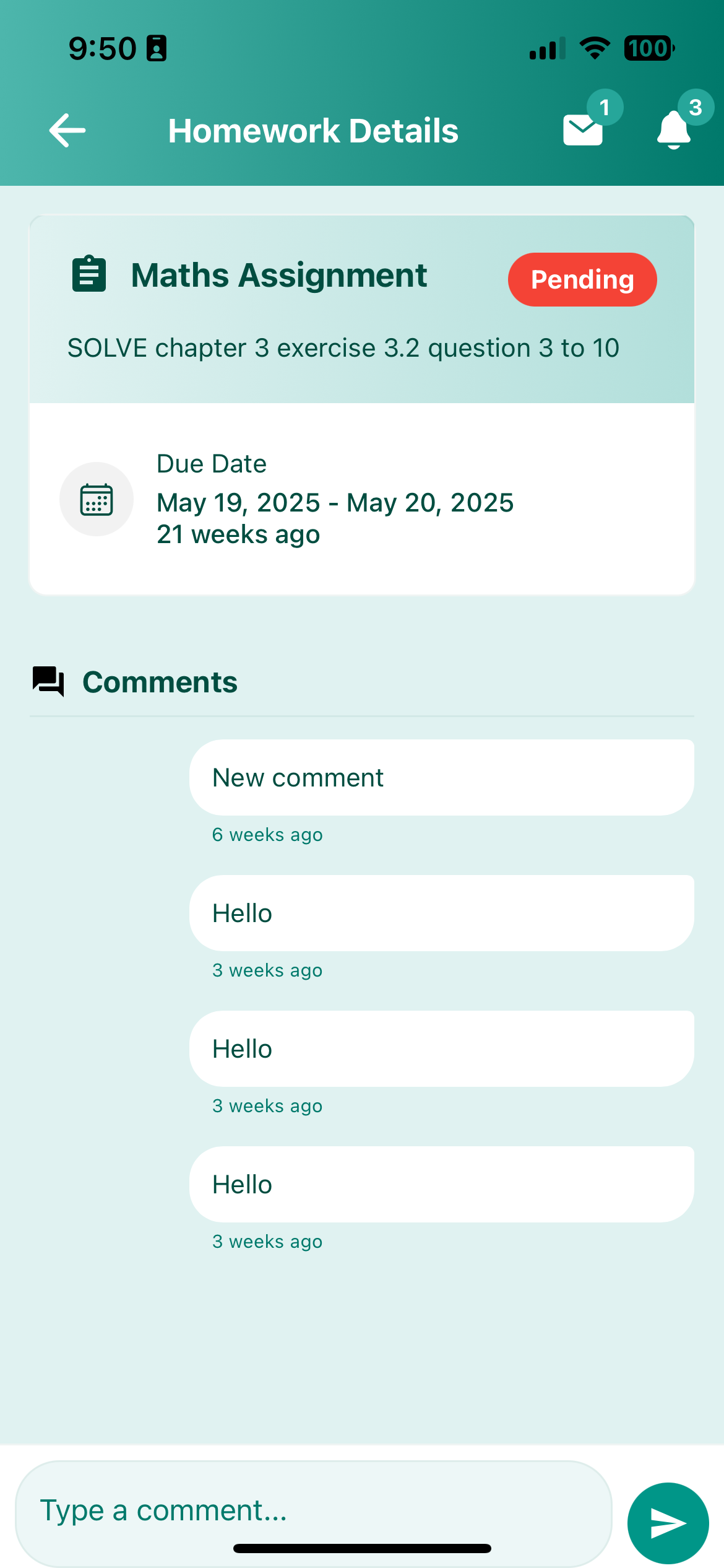 Detailed view of a homework assignment in the Schoolites parent app