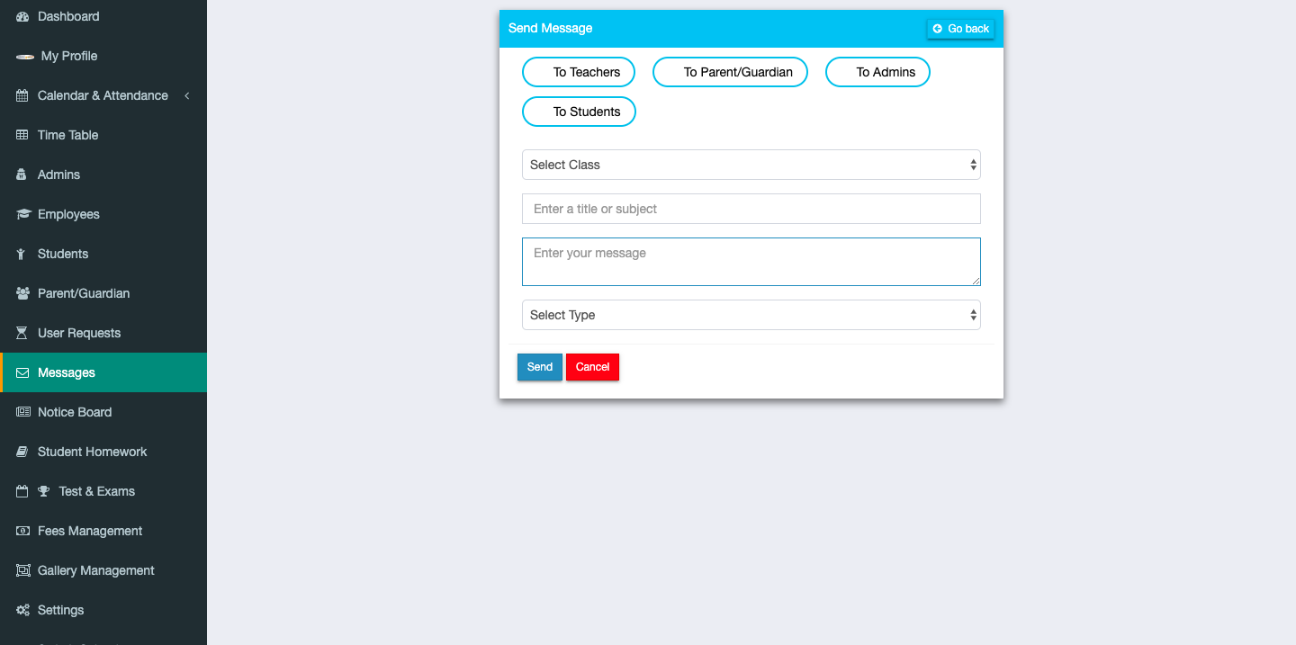 Sending messages to school members via Schoolites