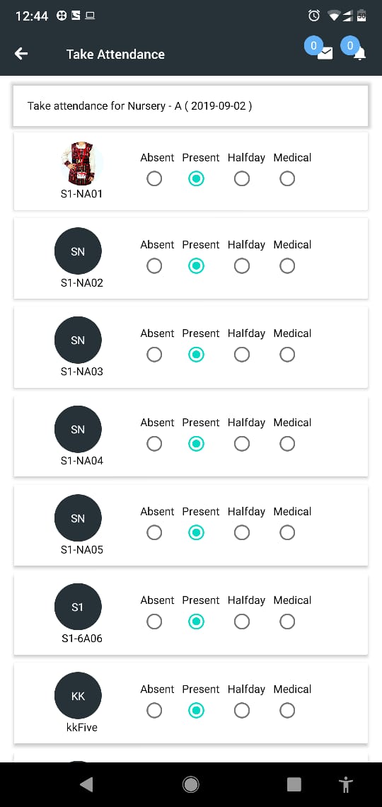 Taking student attendance on Schoolites mobile app